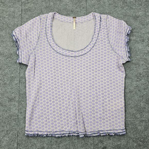 Free People Garner Tee Shirt Womens XL Floral Knit Lettuce Hem Boho Purple Ditzy - Picture 1 of 8